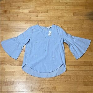 LOFT Light Blue Pearl-Embellished Bell Sleeve Blouse